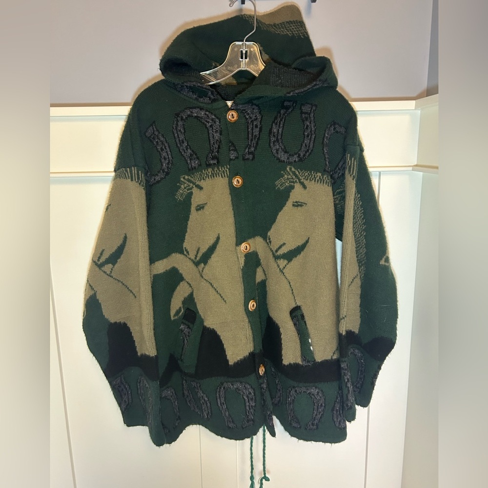 Vintage horses rider knit hooded button up cardigan / cloak